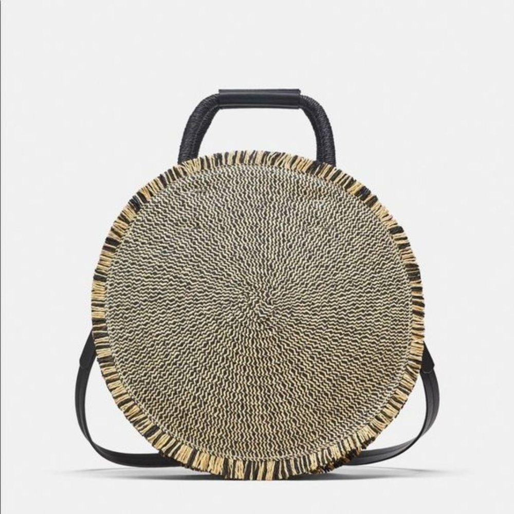 ZARA Straw Round Braided Basket Shoulder Bag Hand Held Purse Tote Black Tan O/S